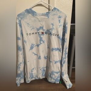 Tommy Hilfiger White and Blue Tie-Dye Crewneck Sweater